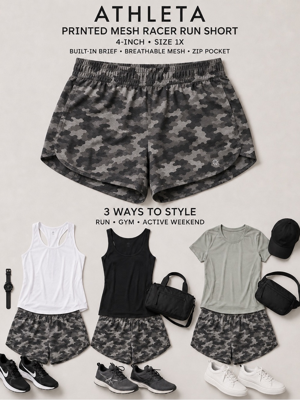 Athleta Printed Mesh Racer Run Shorts 4-Inch Camo Women’s 1X